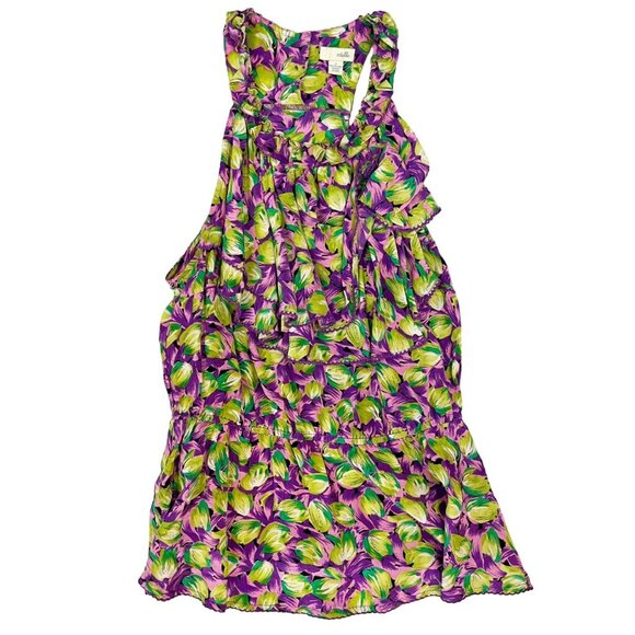 Anthropologie Odille Purple & Green Silk Halter Top Ruffle - Size 2 - Picture 1 of 8